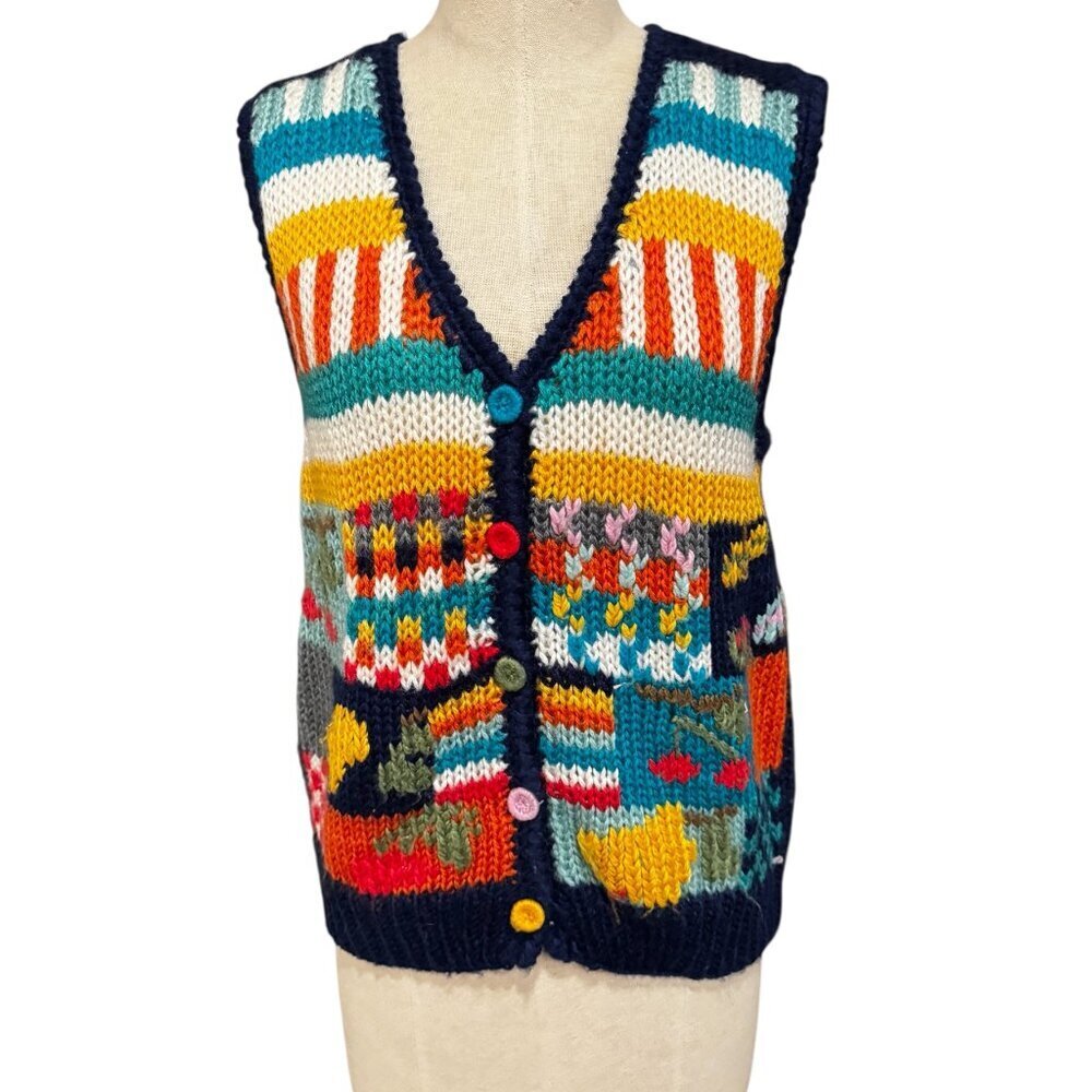 Vintage Uno & Una Handknit Acrylic Vest With Colorful Patchwork Design Cherry De